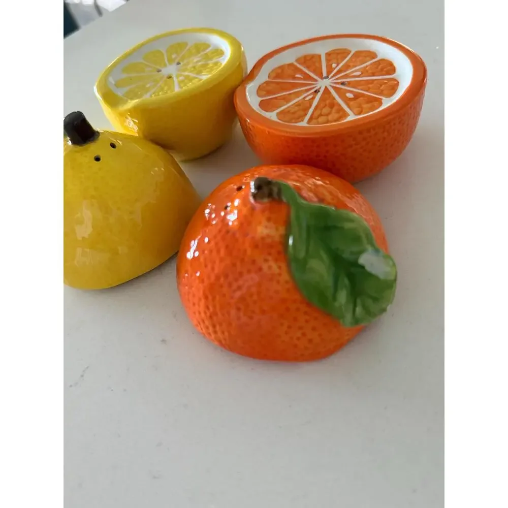 Vintage Ceramic Citrus Salt Pepper Shakers Set, Lemon Orange Kitchen Decor
